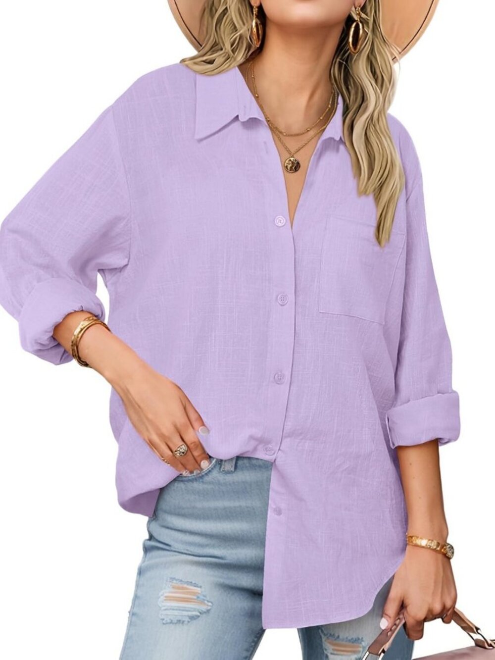 Casual Long Sleeve Button Down Shirt for Women - Lightweight Cotton Gauze Top